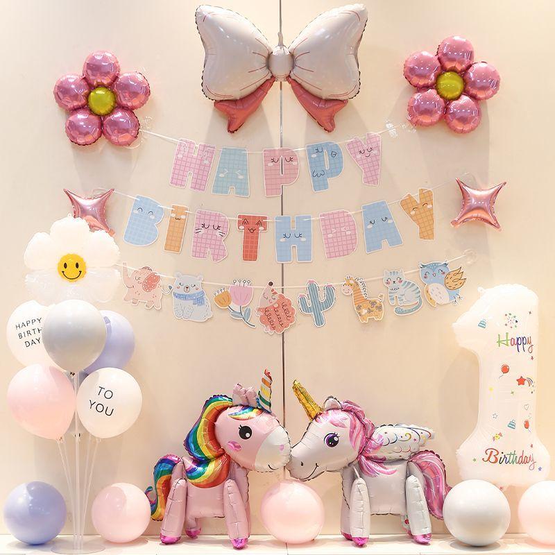Kindergeburtstagsbanner-Set, Mädchen Einhorn-Ballon, Dekoration für die Szene der ersten Geburtstagsfeier, Hintergrundwand-Zubehör