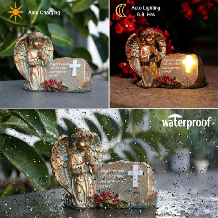 Resin Praying Angel Garden Statue With Solar Lighted Crosses Outdoor Waterproof Sculpture Grave Lamp for Patios Cemetery