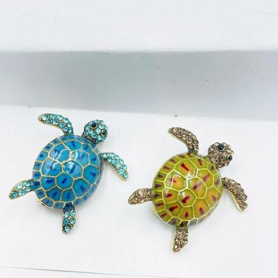 Spilla Tartaruga Marina Retrò con Diamante e Smalto Gocciolante
