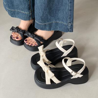 Bow Word with Thick Sole Small Height Increase Sandals Women's 2025 Summer New Versatile Muffin Roman Women's Shoes