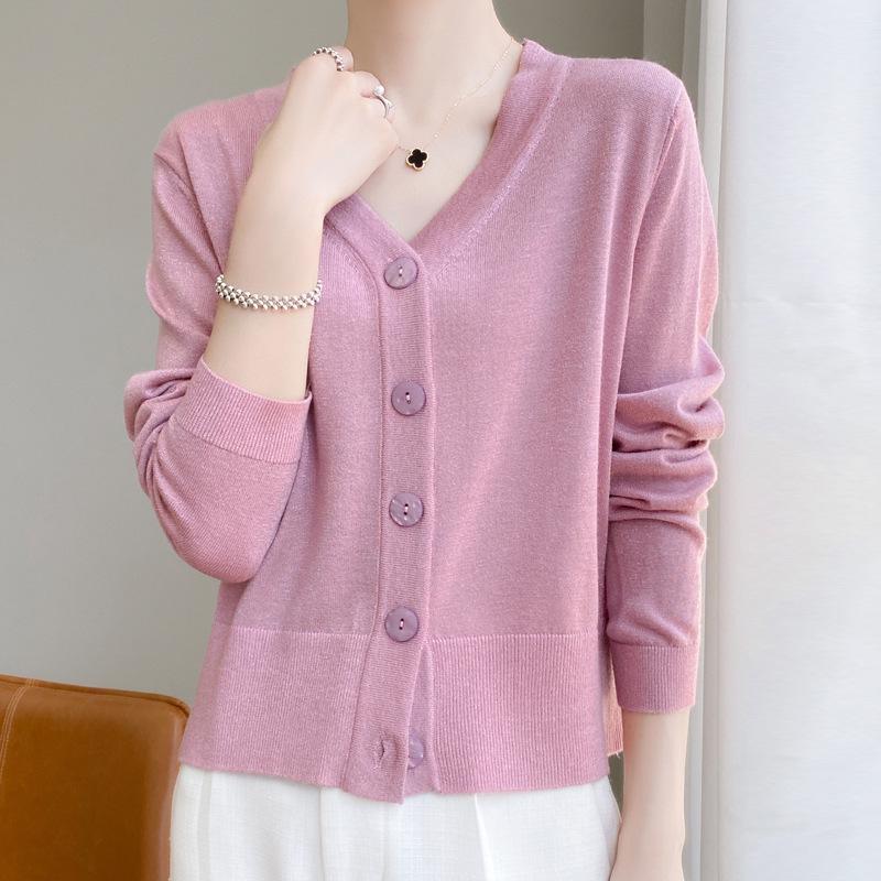 Women's Flashing V-Neck Knitted Cardigan - Lightweight Autumn Sweater, Stylish Short Outerwear, Air-Conditioning Top