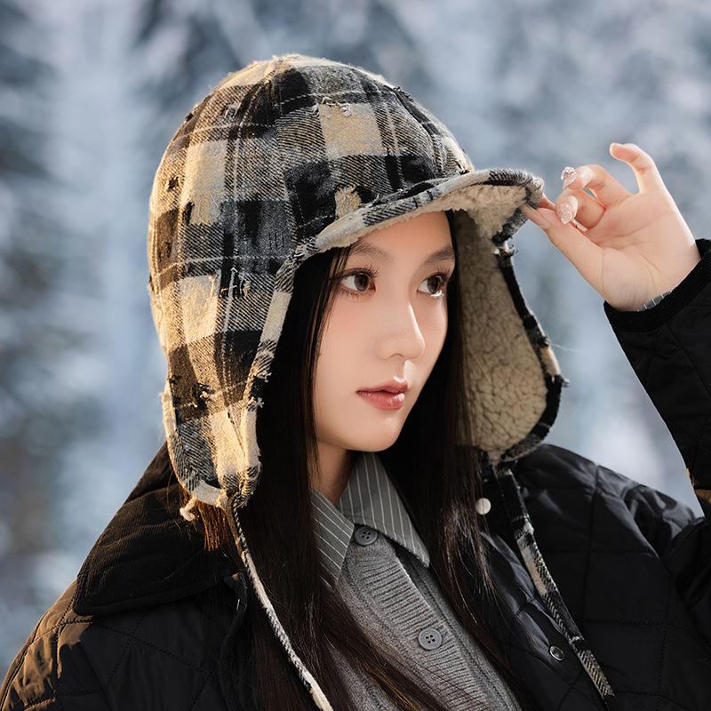 Retro Color blocking Plus Velvet Leeve Hat Japanese Windproof and Warm Hat Women's Outdoor Riding Casual Ear Protection Hat
