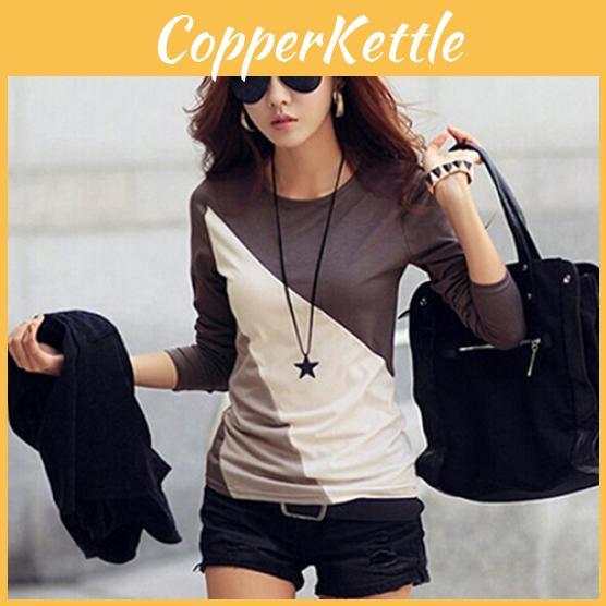 Korean Women Fashion Style Autumn Slim Fit Color Block Blouse Long Shirt Sleeve