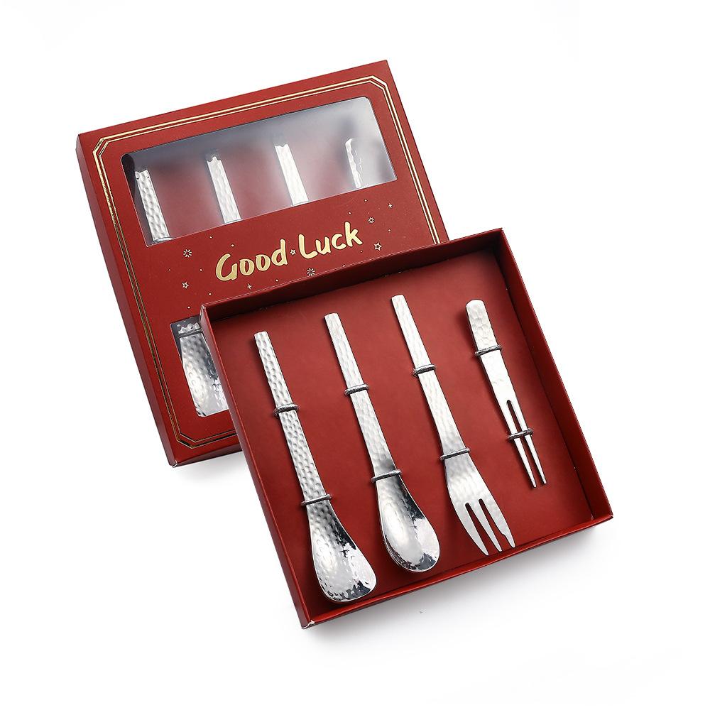 J Creative Hammer 304 Stainless Steel Spoon and Fork Set Japanese Dessert Spoon Coffee Spoon Cake Spoon Afternoon Tea Spoon and Fork