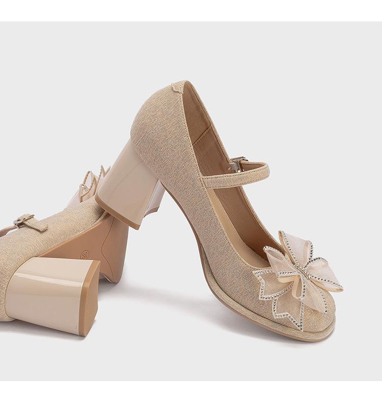 2024 Spring/Summer Bridesmaid Mary Jane Rhinestone Bow Heels - Versatile Women's Chunky Heel Shoes