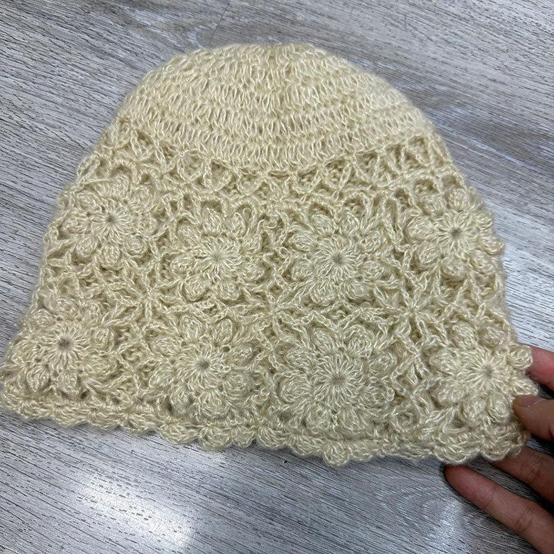 Handmade flower bag head hat female face small literary versatile pile hat winter cold warm knitted wool hat
