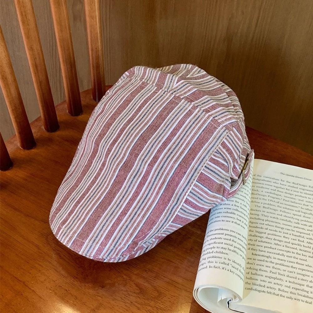 Cotton Striped Forward Hat Adjustable Flat Brim Cap Classic Newsboy Hat Women Men