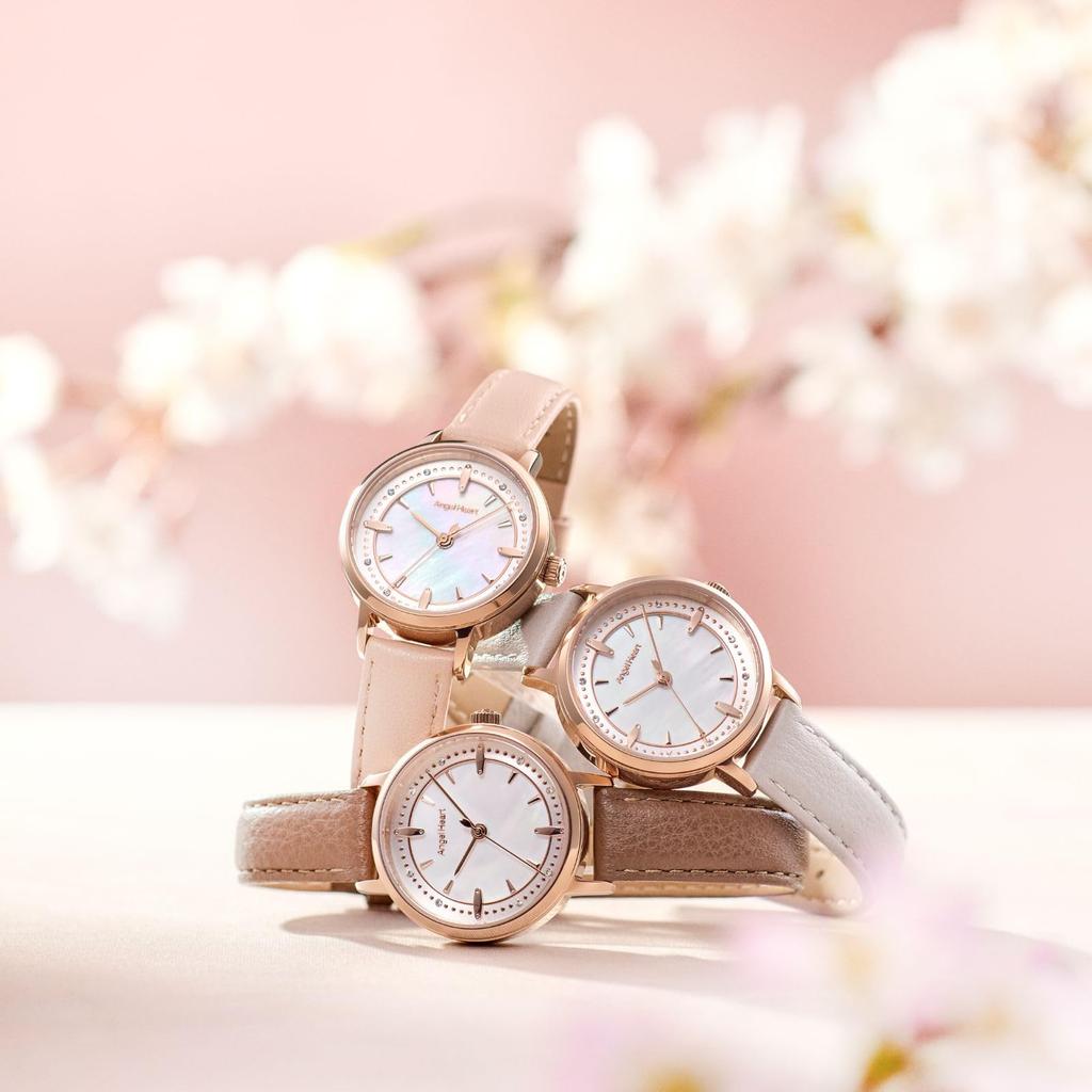 AngelHeart Sakura Time Watch Solar Powered 3ATM Water Resistant Sapphire Glass White Pearl Dial SKR28P-GY-J Women's