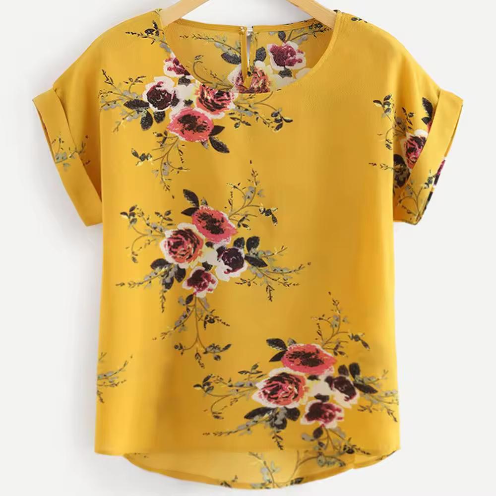 

Women s Summer Floral Pullover Print Blouse Ladies Short Sleeve Shirt XXS жовтий