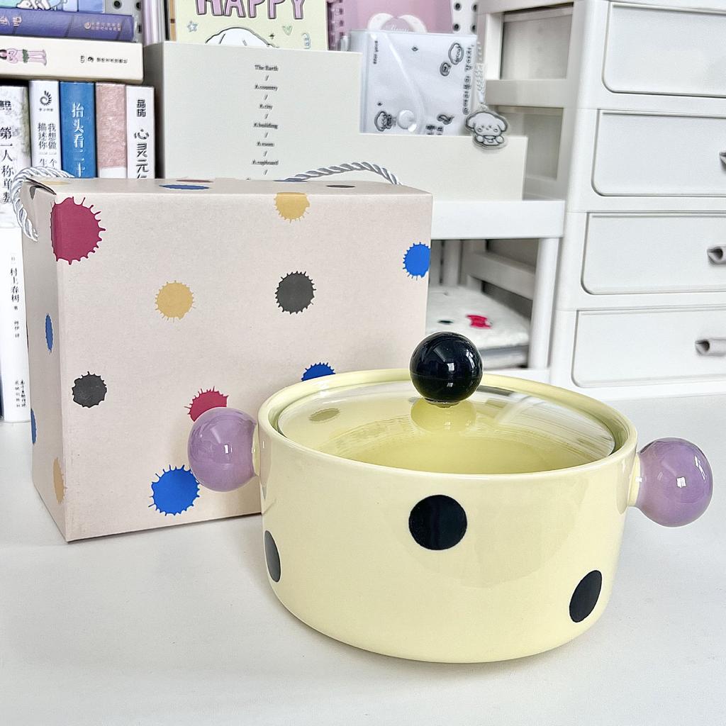 Give Girls Birthday Gifts, Cute Contrasting Colors, Polka Dots, Ceramic Instant Noodles Bowl with Lid, Girlfriend Practical Souvenir Gift Box.