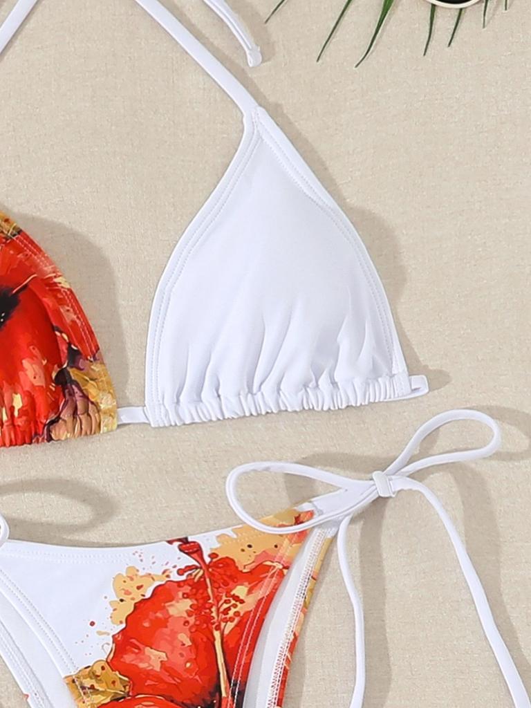 2026 European & American Women's Printed Long Skirt Split Bikini Three-Piece Swimsuit