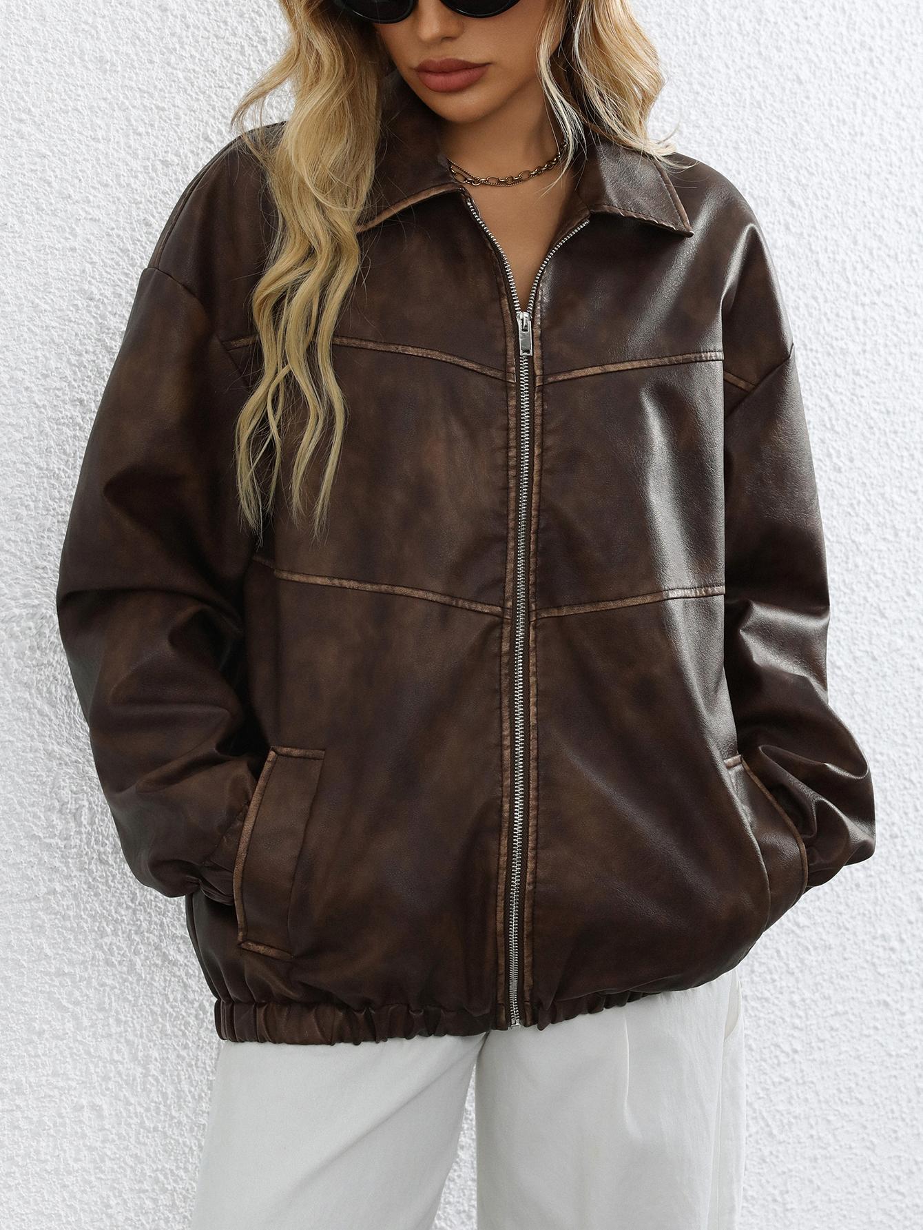 

Женское повседневное свободное пальто из искусственной кожи, винтажная куртка из искусственной кожи, костюмный воротник, весенне-осеннее женское пальто XL коричневый