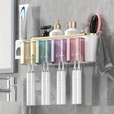 Zahnbürstenhalter mit Presse, perforationsfreies Badezimmerregal, Mundwasserbecher, Zahnbürstenhalter