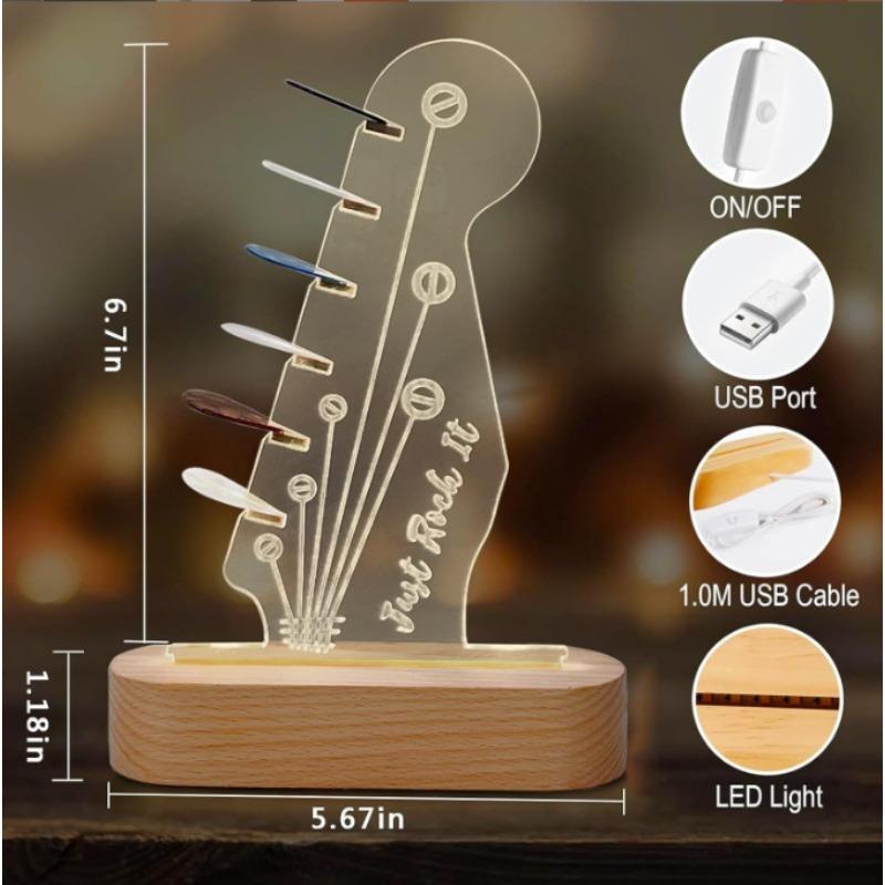 New 3D Ambient Night Light - Wooden Guitar Pick Organizer Acrylic Creative Gift Lamp with Storage Function for Music Lovers Home