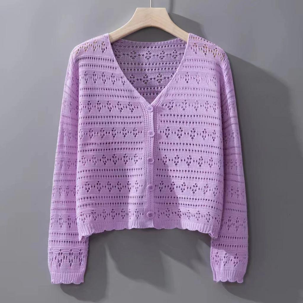 Summer Women's Ice Silk Cardigan Thin Long Sleeve Top Loose V-neck Hollow Out Knitted Sweater