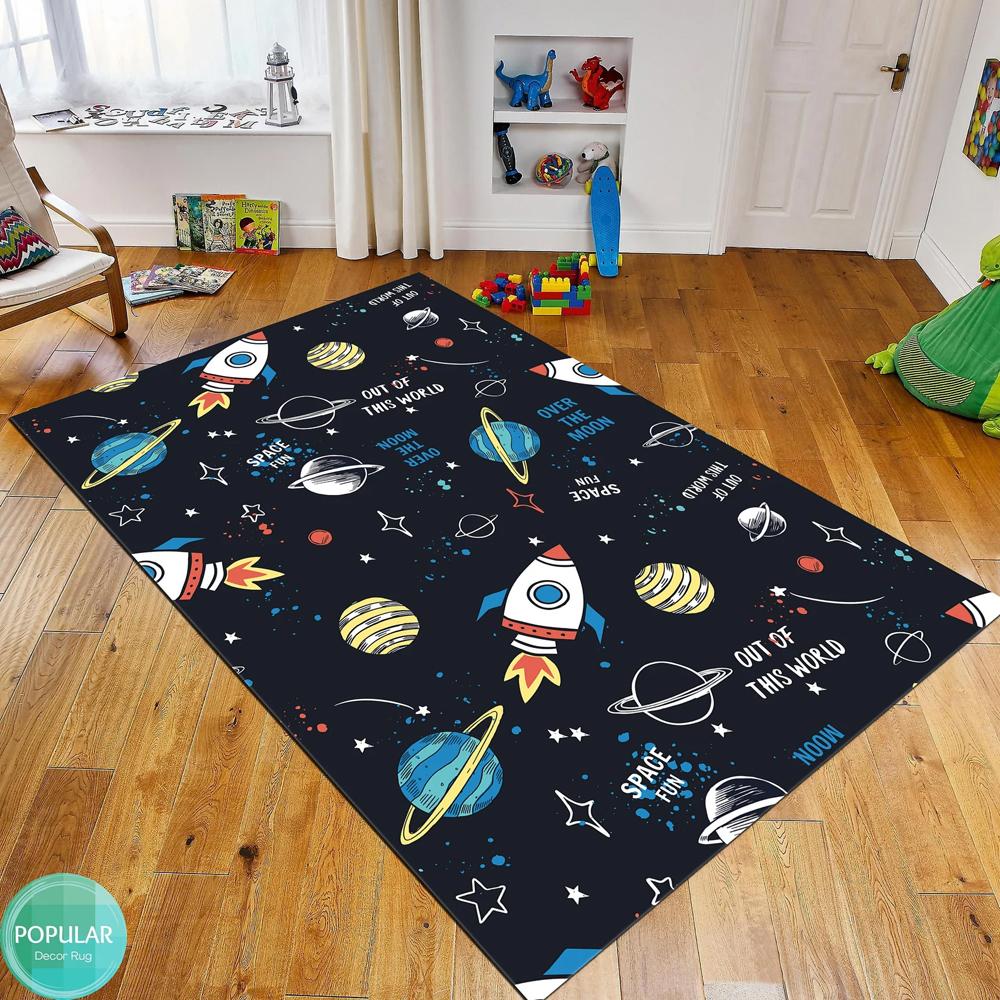Cute Space Rocket and Planet Printed Floor Mat, Soft Rug for Kids Bedroom Living Room, Whimsical Home Decor Carpet