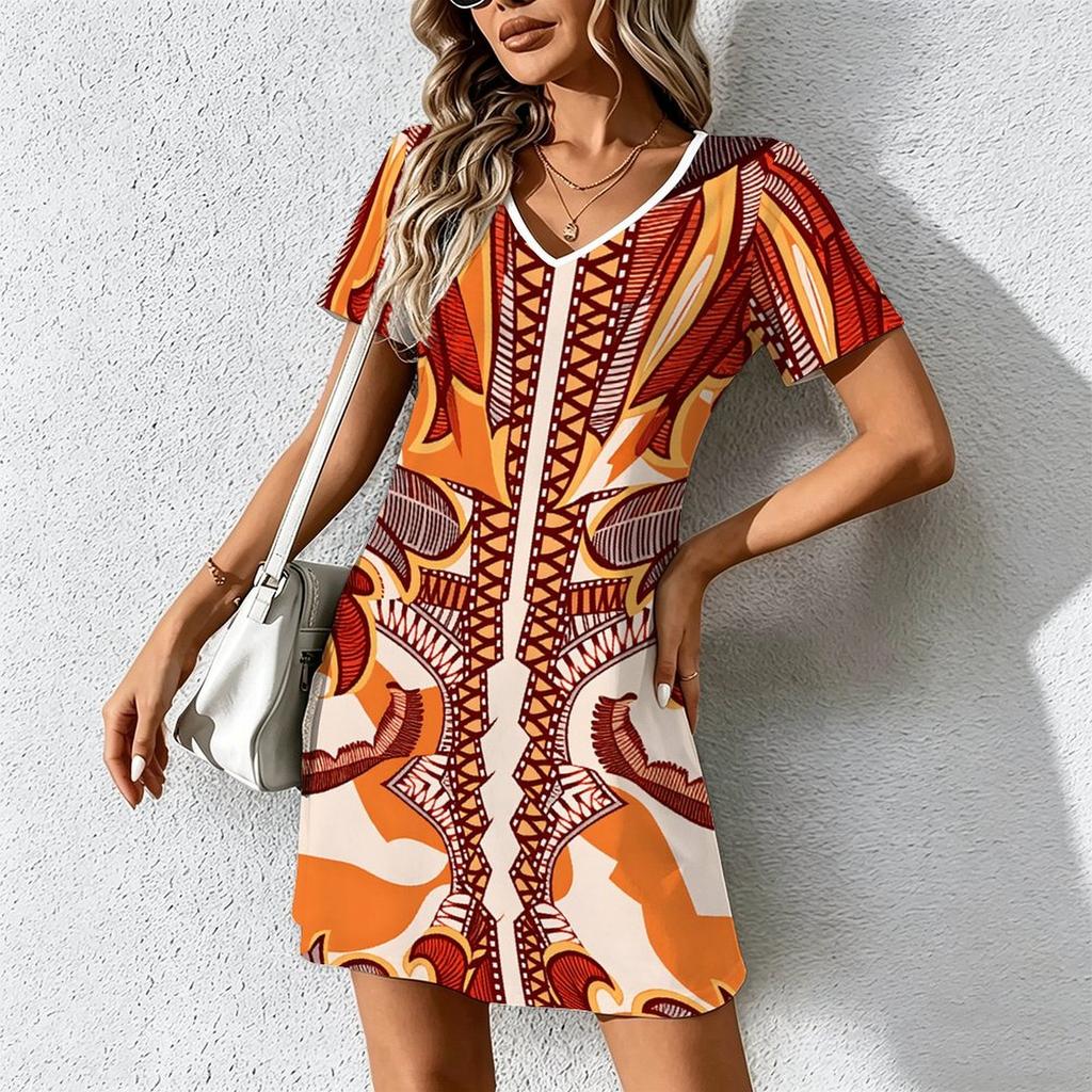 Summer Fashion Women's V Neck Short Sleeve Retro Geometric Pattern Printed Dress Sex Short Skirt Dresses
