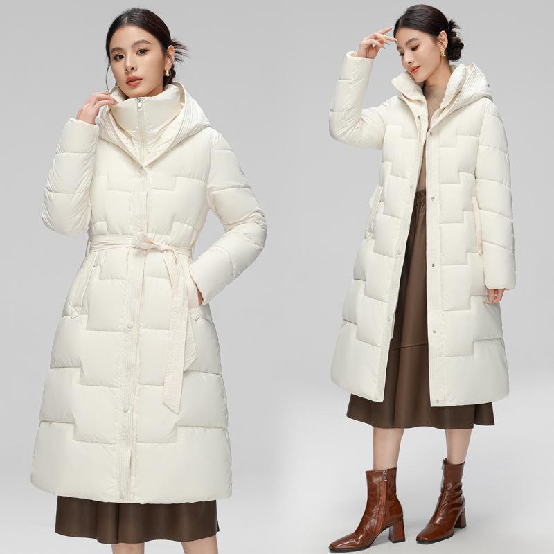 Casaco Feminino de Inverno com Capuz, Algodão e Penas, Novo, High-end, Slim-fit, Longo até o Joelho, Quente, Moderno