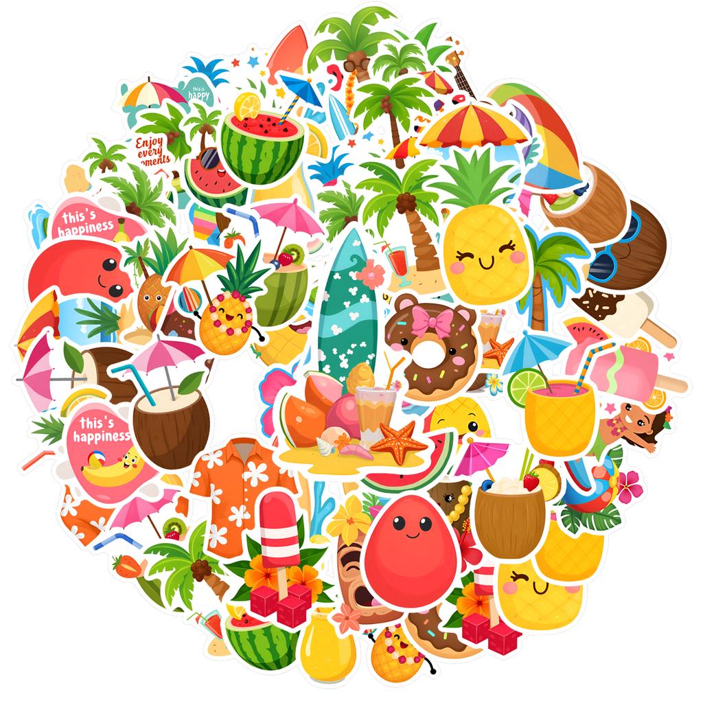 35pcs-50pcs Cartoon Tropical Stickers Playful Beach Stationery Stickers Summer Stickers For Laptop Motorcycle Luggage Phone DIY