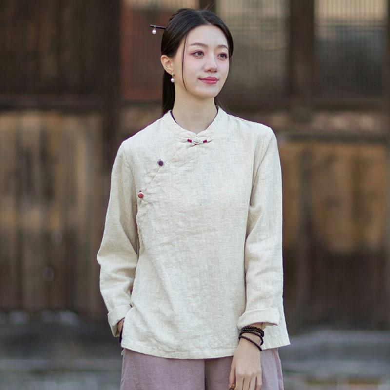 Johnature Women Vintage Shirts Stand Tops Spring Chinese Style Solid Color Long Sleeve Button Female Shirts