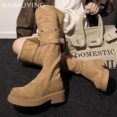 Suede Women High Boots Fur Chunky Warm Mid Heels Shoes Woman Trend Winter Pumps Eleglant Designer Walking Snow Botas Mujer