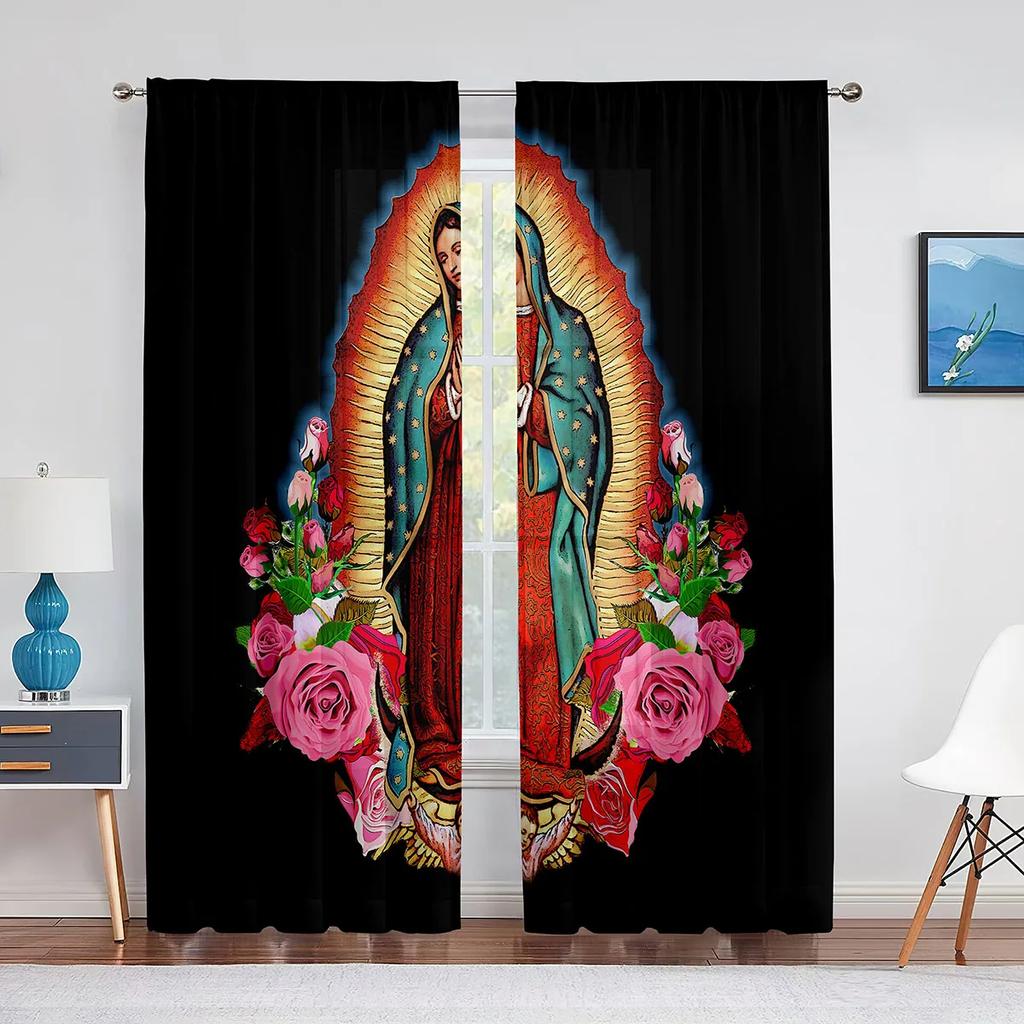 Unsere Liebe Frau von Guadalupe Mexikanische Heilige Jungfrau Maria Floral Transparente Vorhänge für Schlafzimmer Wohnzimmer Küche Jalousien Fenstervorhänge 2 Stück