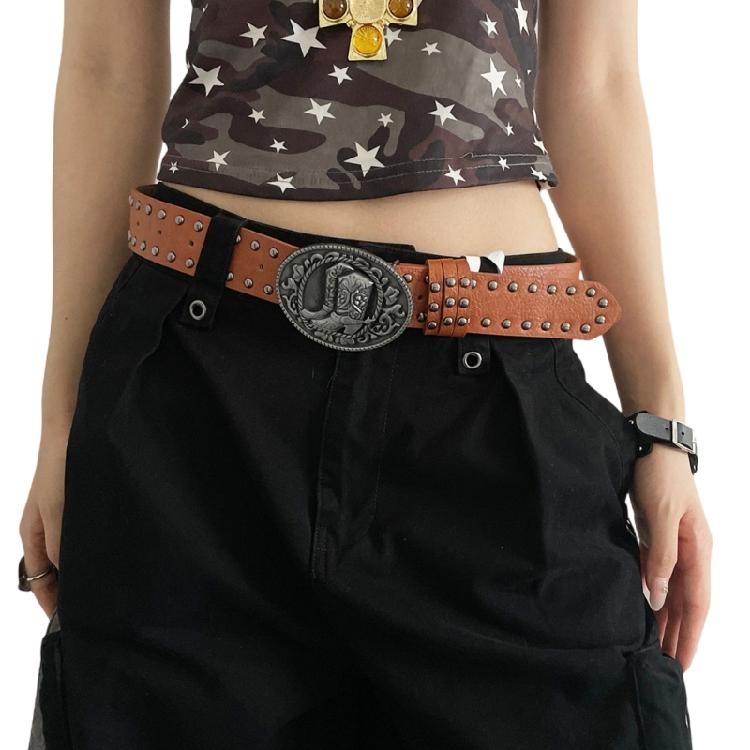 Punk Rock Women's Adjustable Waist Belt Embossed Design Metal Studs Cowgirl PU Leather Strap
