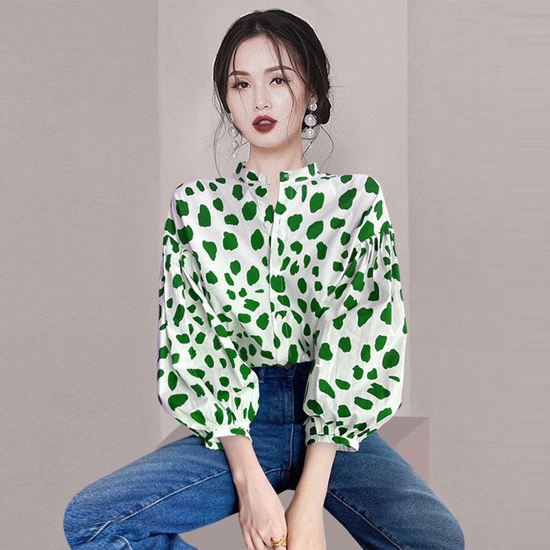 Wiosna 2023 Damska Bluzka w Kropki z Bufiastymi Rękawami