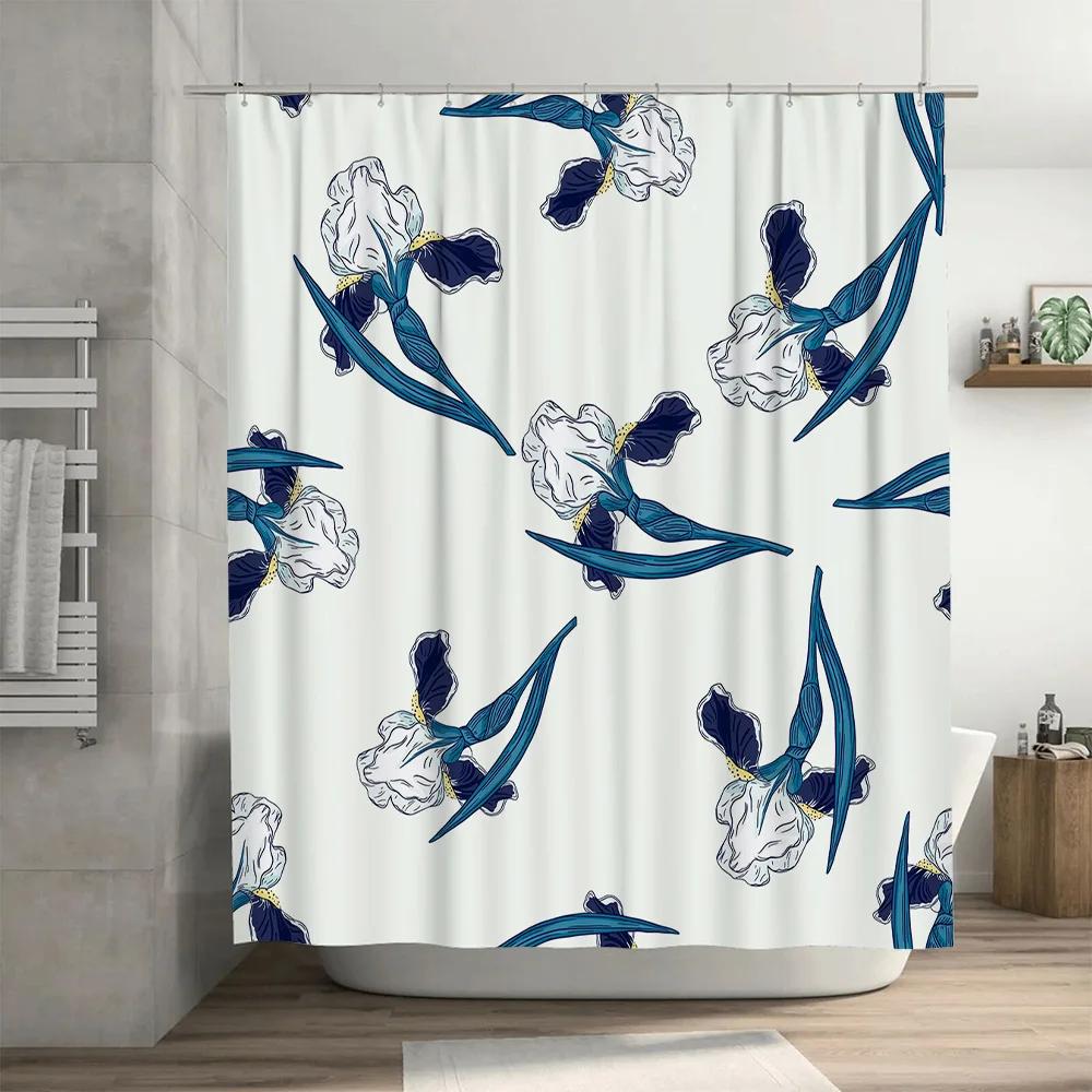 Blue Iris Print Shower Curtain Waterproof Bath Decor Home Decoration Customizable Size Available Bathroom Curtains