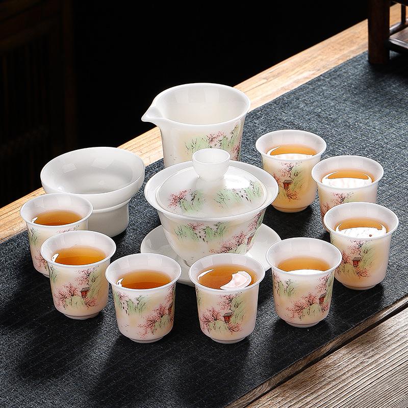 High-value set of ceramic ice suet jade porcelain kung fu tea set for home use, high-end business gifts