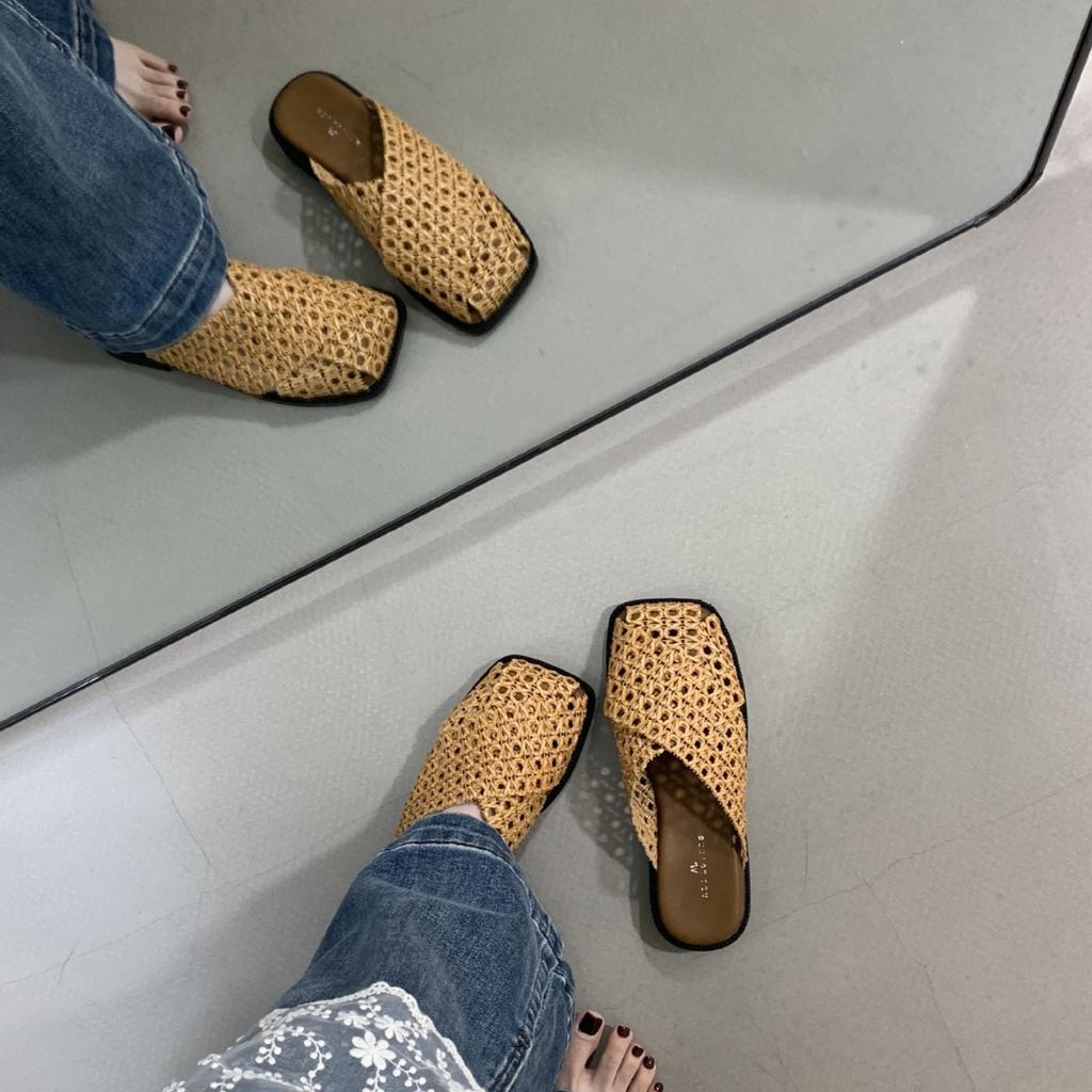 2025 Summer New Woven Breathable Square Head Slippers Bohemian Ethnic Style Hollow Bag Head Cool Slippers