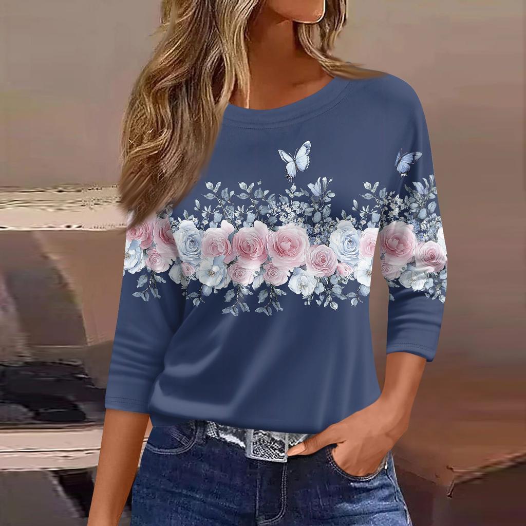 Women's Three-Quarter Sleeve Shirt, Round Neck, Loose Fit, Casual Shirt, Floral Print T-Shirt, Summer
