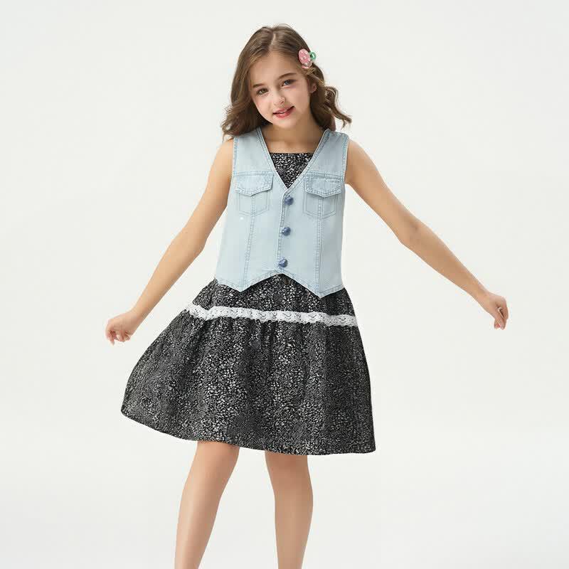 Mengtejiao Girls  Summer Floral Dress & Denim Vest Set 165