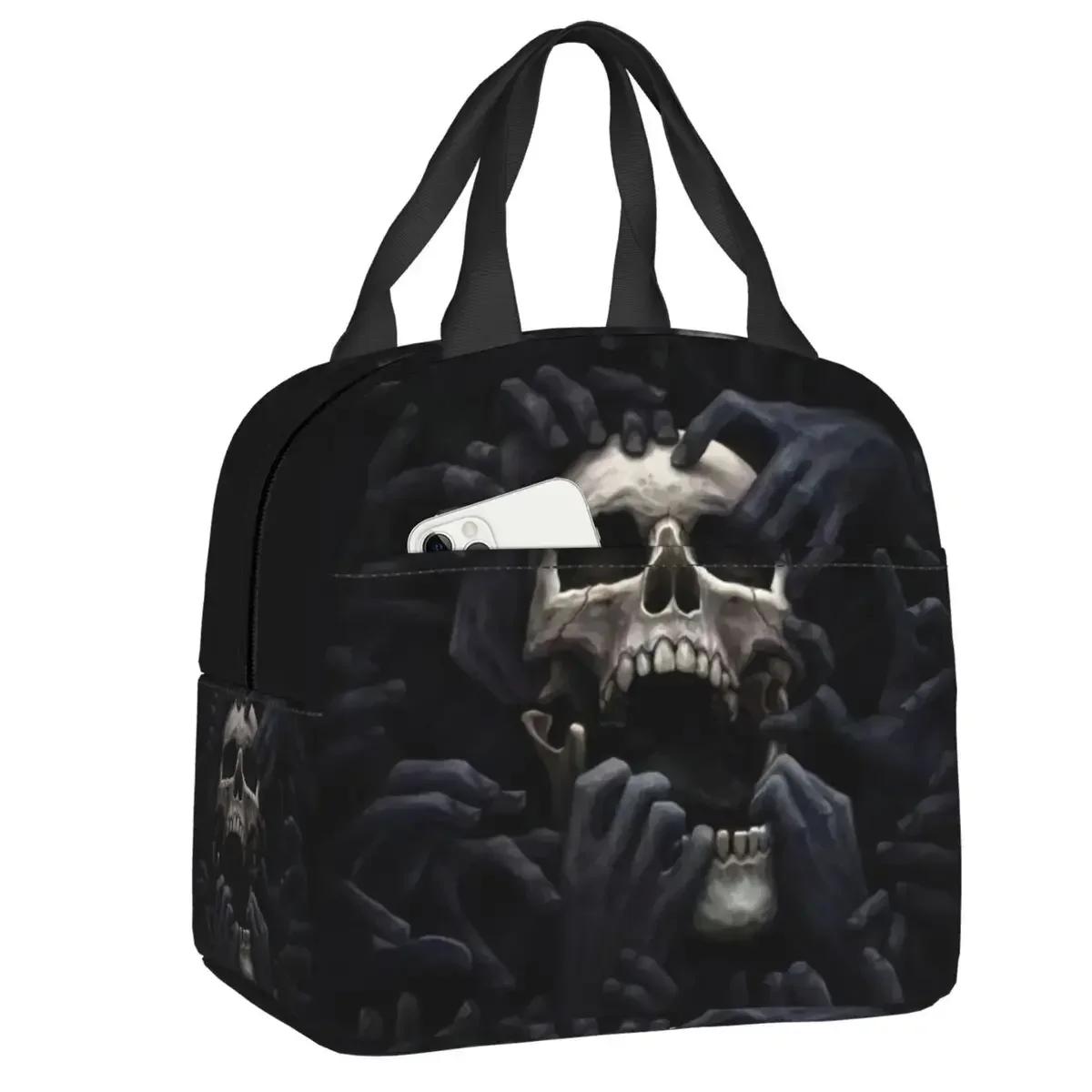 

Evil Hands Skull Lunch Bag Leakproof Halloween Gothic Skeleton Thermal Cooler Insulated Lunch Box For Women Kids Food Tote Bags 22x20x13CM лавандовий