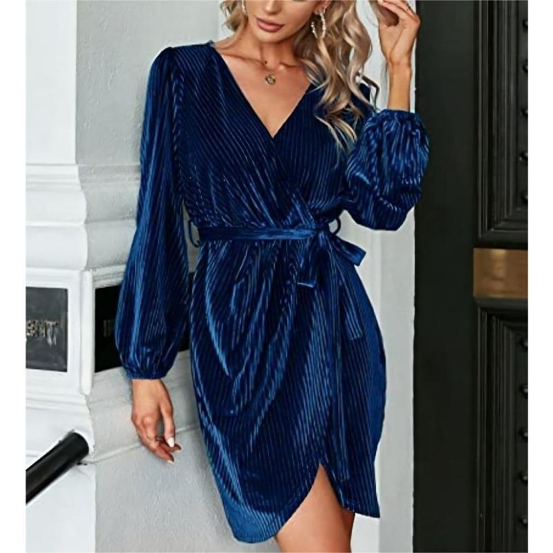 

YYFS Женская мода весна-осень Длинные рукава Высокая талия V-образный вырез Коктейльные и вечерние платья XL темно-синий