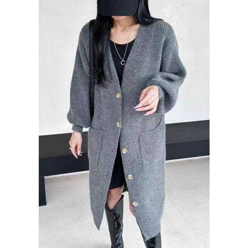 Autumn new solid color loose lazy wind pocket knitted cardigan long casual sweater jacket women
