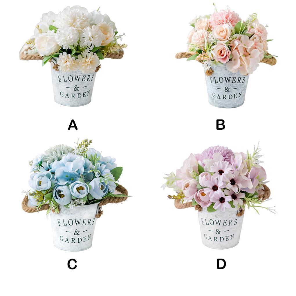 Artificial Flowers with Vase Faux Rose Plants Bucket Arrangement Decorations Home Decor Planter Container for
