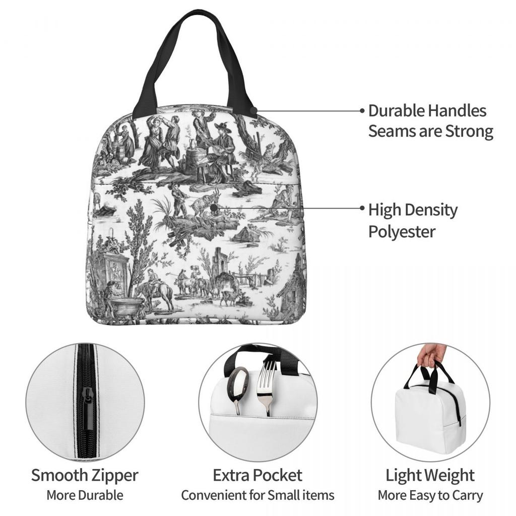 Black And White Toile De Jouy Insulated Lunch Bag for Women Children Leakproof Food Boxes Thermal Lunch Box Tote