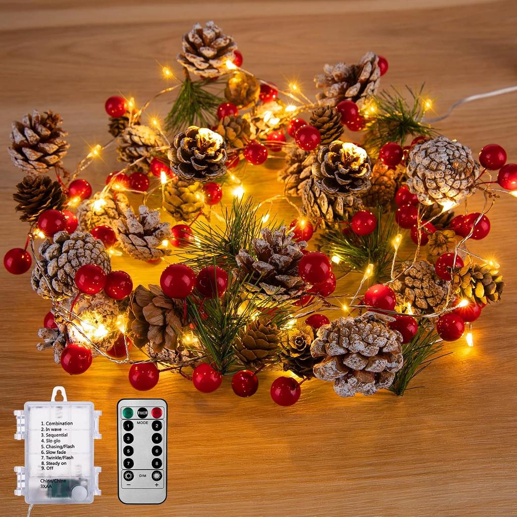 Minetom Christmas Pine Lighted Garland Decor, 9.8 Ft 60 LED with 8 Modes