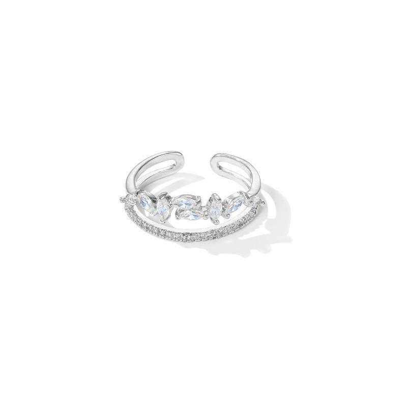 Elegant Double Layer Zirconia Flower Ring for Women - Adjustable Open Band, Artistic Design for Index Finger.
