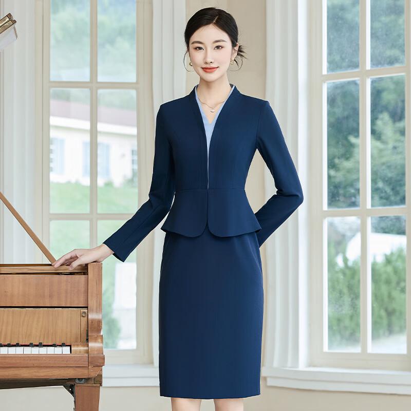 Tluoman Women's Navy Blue Professional Faux Two-Piece Suit Dress