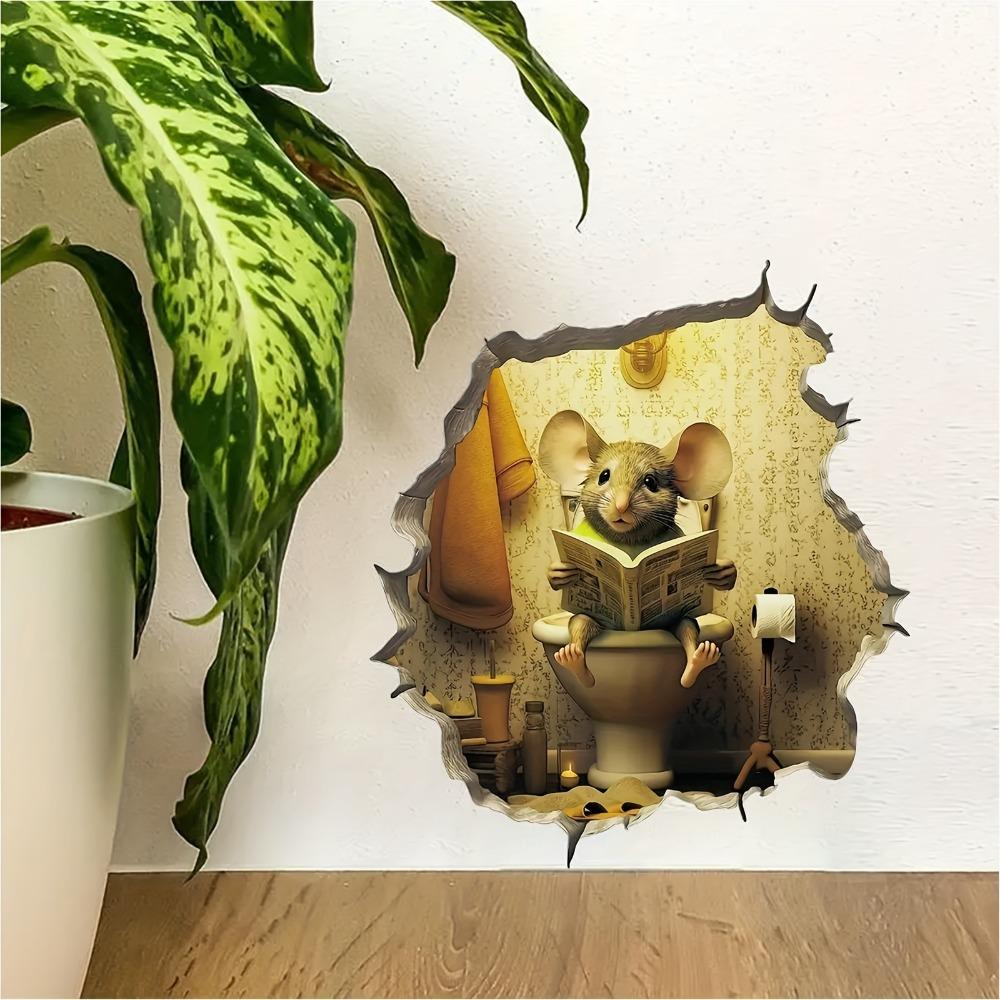 1pc 3D Mouse Hole Wall Sticker, Mouse Sitting On The Toilet Reading Pattern Self-adhesive Wall Sticker