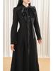 Hepburn Style Black Waist-Defining Gothic Long Dress with Peter Pan Collar