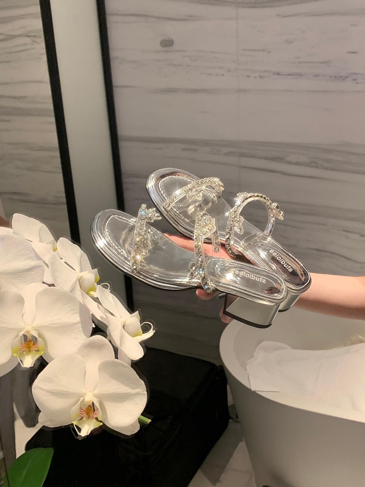 

Grape mother studiolee flash diamond exquisite fairy wind word with rhinestone open toe height thick heel cool slippers woman 35