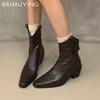 Chunky Pointed Toe Women Ankle Boots Sexy Designer Mid Heels Shoes 2025 Trend Winter Leather Fashion Pumps Chelsea Botas Mujer
