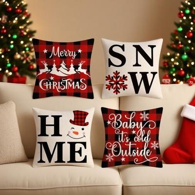 Weihnachts-Kissenbezüge Feiertags-Dekokissen 4er-Set für Sofa Schlafzimmer Familienfeier Rot Baum Schneeflocken Rentier Sterne