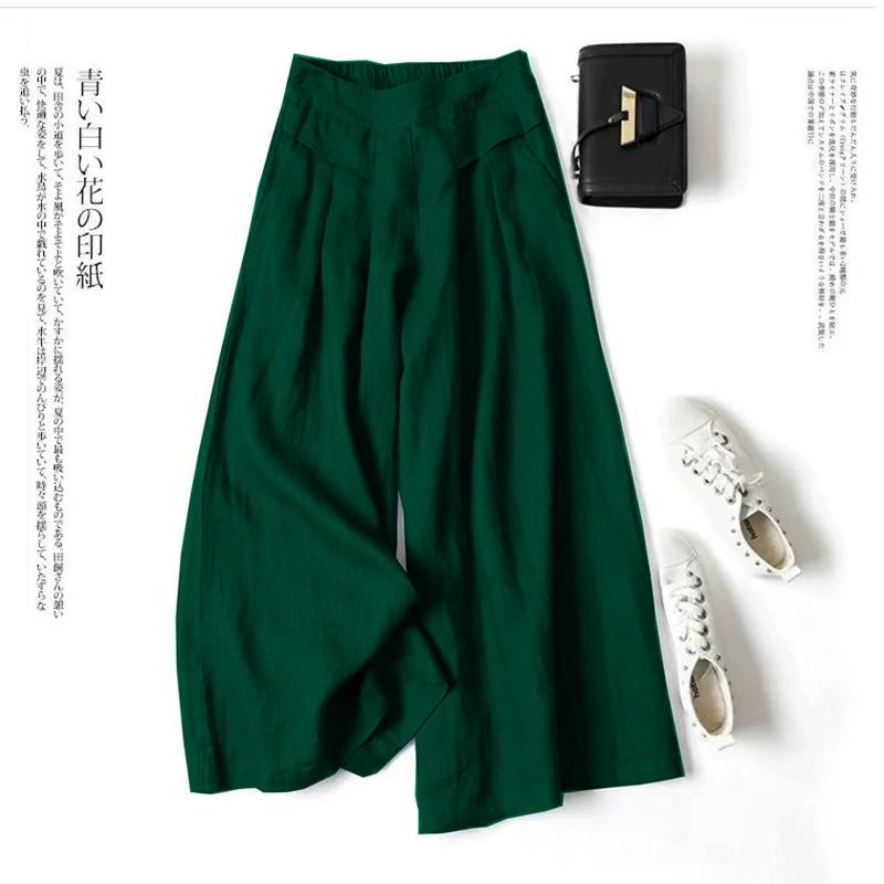 Cotton and Linen Wide-leg Trousers Skirt Pants Women's Loose Semi-elastic High-waisted Thin Nine-point Pants