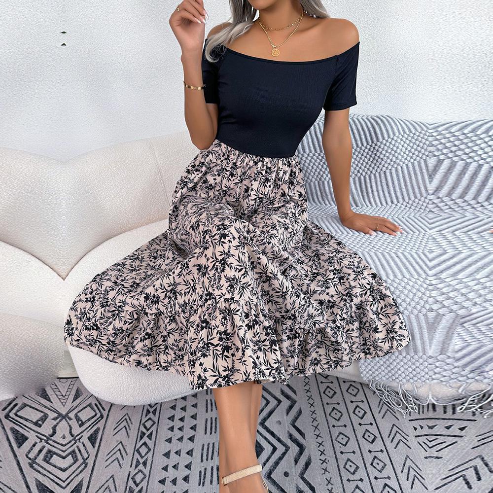 Kadın İlkbahar Yaz Omuz Açık Çiçek Fırfırlı Orta Uzun Elbise