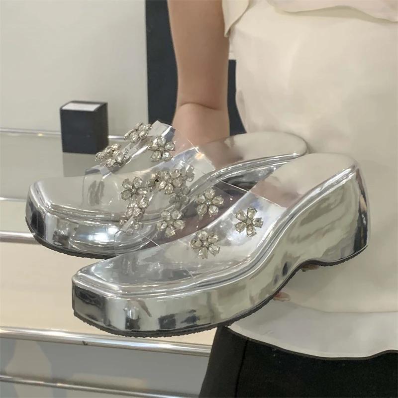 Eilyken Summer CRYSTAL Flower PVC Transparent Women Slippers Solid Platform Wedges Heels Square Toe Sandals Shoes