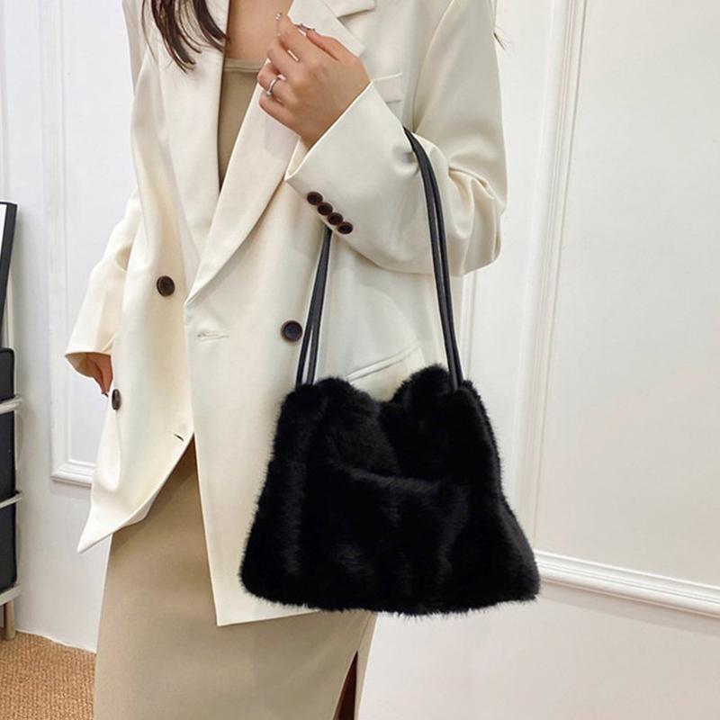 Women Fluffy Shoulder Bag Top-handle Bag Fashi Female Autumn Winter Handbag Soft Plush Versatile Shopping Tote